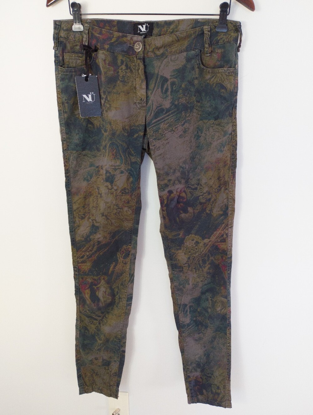 NÜ Denmark Art Deco Tapestry Skinny Pants Olive Green Size 40 NWT